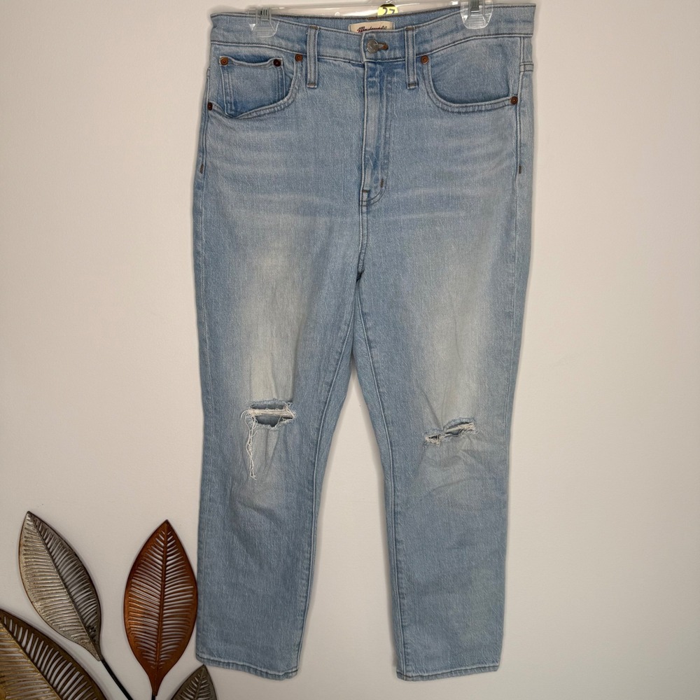 E2 Madewell High Rise Slim Crop Boyjean Skinny Jeans Light Wash Distressed Sz 28